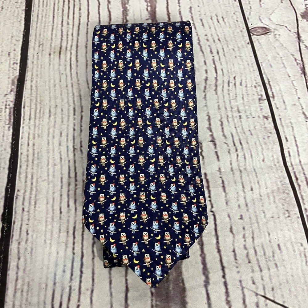 Battistoni Roma Owl Moon Stars Novelty Silk Tie Handmade In Italy Blue